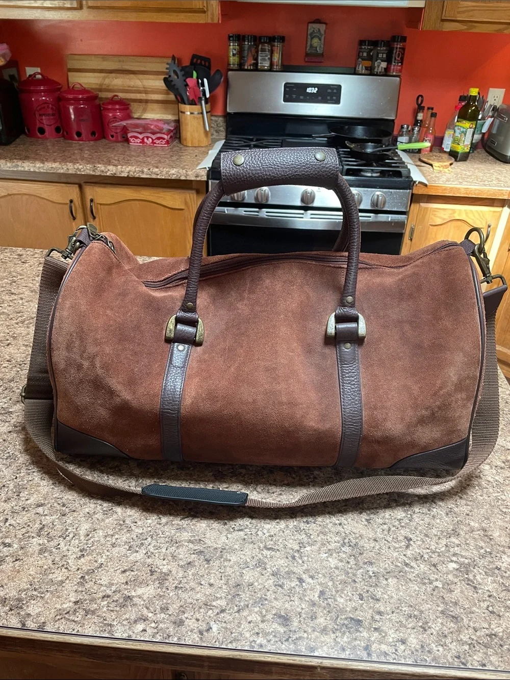 Vintage Large Hobo Shoulder Bag Suede Leather Trim Brass Fittings
